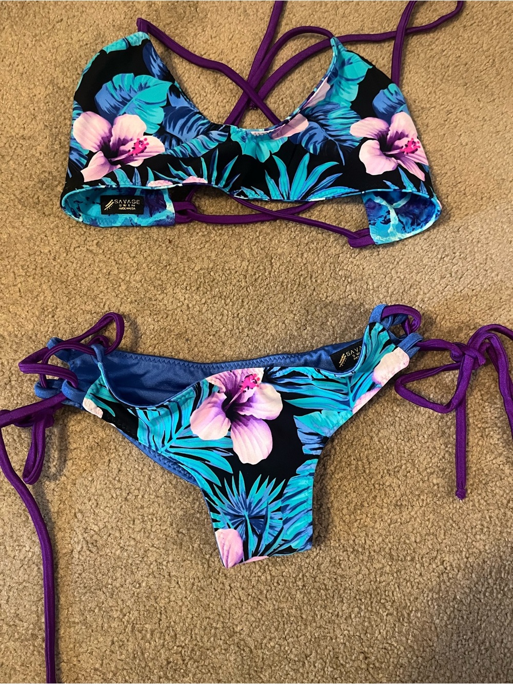 Savage Swim Tropical Floral Reversible Tie-Side Bikini Set in Black & Teal